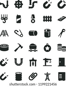 solid black flat icon set open pin vector, crane, winch hook, adjustable wrench, ladder, sewerage, ntrance door, new radiator, hammer with claw, clip, canned goods, soda can, water pipes, barrel
