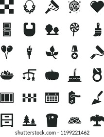 solid black flat icon set toys over the cradle vector, bib, colored air balloons, cake, building trowel, window frame, new roller, paint, wooden brush, door knob, interroom, tile, ceramic tiles