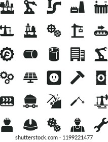 solid black flat icon set builder vector, gears, power socket type b, buildings, construction helmet, star gear, hammer, sea port, commercial seaport, solar panel, oil derrick, working, coal mining