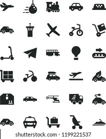solid black flat icon set cargo trolley vector, paper airplane, summer stroller, motor vehicle, child bicycle, tricycle, Kick scooter, big core, car, cardboard box, shipment, production conveyor