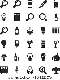 solid black flat icon set matte light bulb vector, incandescent lamp, zoom, measuring cup for feeding, mercury thermometer, window frame, interroom door, magnifier, a glass of soda, tea, cocktail