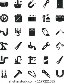 solid black flat icon set open pin vector, iron fork spoons, crane, tower, winch hook, adjustable wrench, hand saw, arm, sewerage, ntrance door, gear, knife, stationery, kitchen faucet, hammer, tin