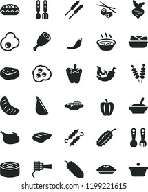 solid black flat icon set plastic fork spoons vector, iron, canned goods, fried vegetables on sticks, slices of onion, noodles, pie, apple, a bowl buckwheat porridge, in saucepan, lettuce plate, egg