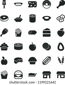 solid black flat icon set sausage vector, stick of, piece cheese, canned goods, tin, fried vegetables on sticks, Hot Dog, mini, big burger, cake, muffin, slice, with a hole, glazed, plate milk, red