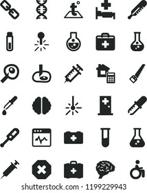 solid black flat icon set mark of injury vector, spectacles, first aid kit, electronic thermometer e, mercury, bag a paramedic, medical, arm saw, estimate, temperature, cardiogram, flask, outdoor