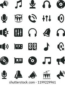 solid black flat icon set bell vector, desktop microphone, horn, loudspeaker, silent mode, drumroll, drum, headphones, music, CD, regulator, volume, no sound, phone call, megaphone, pc card, speaker