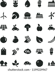 solid black flat icon set saving light bulb vector, drop, porcini, cabbage, apple, mint, tangerine, yellow lemon, delicious, peas, broccoli, solar panel, big, leaves, leaf, windmill, wind energy