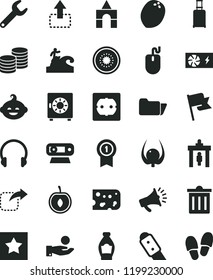 solid black flat icon set bin vector, funny hairdo, box of bricks, power socket type f, knife, headphones, flag, strongbox, coins, move up, right, piece cheese, bottle, half cherry, kiwi, coconut