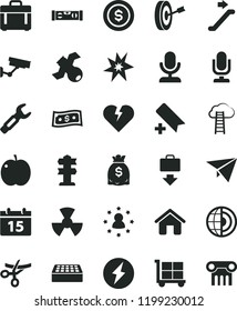 solid black flat icon set desktop microphone vector, add bookmark, cargo trolley, house, building level, brick, calendar, broken heart, case, apple, radiation, steel repair key, dollars, satellite
