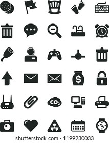 solid black flat icon set envelope vector, bin, alarm clock, upward direction, keyboard, zoom out, cradle, children's tracks, dust, lock, heart, speech, camera, flag, operator, clip, chicken thigh