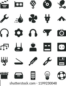 solid black flat icon set movie cracker vector, toys over the cot, mercury thermometer, hook, winch, big core, cogwheel, concrete mixer, power socket type f, headphones, drawer, fan screw, bulb, usb