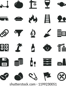 solid black flat icon set floppy disk vector, clip, storage unit, open pin, children's hairdo, Kick scooter, tower crane, trowel, stepladder, city block, flag, coins, planet, eggs, pie, tomato, wine