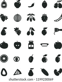 solid black flat icon set stick of sausage vector, piece pizza, mini hot dog, noodles, cucumber, tomato, jar jam, apple, grape, branch, quince, pear, red, tasty, cornels, blackberry, blueberry, kiwi