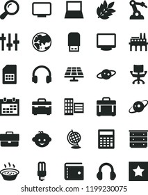 solid black flat icon set calendar vector, briefcase, purse, calculator, chest of drawers, children's hairdo, suitcase, city block, case, porridge in a saucepan, solar panel, planet, robot welder