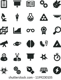 solid black flat icon set book vector, flask, microscope, telescope, electricity, glasses, nuclear, zoom, brain, gears, bactery, biohazard, scientist, graduate hat, clipboard, growth graph, medal