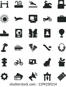 solid black flat icon set plane vector, train, camper, air balloon, bike, motorcycle, escalator, rope barrier, identity card, security gate, suitcase, baggage scanner, passort control, passport, atm