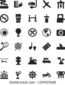 solid black flat icon set earth vector, plane, car baggage, air balloon, motorcycle, airport tower, rope barrier, security gate, scanner, hotel, beach, sun, uv cream, palm tree, cocktail, disco ball
