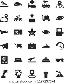 solid black flat icon set briefcase vector, paper airplane, building trolley, map, passport, planet, retro car, geolocation, history, globe, saturn, plane, bus, taxi, bike, airport tower, ticket