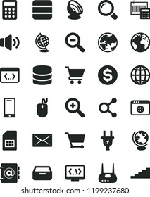 solid black flat icon set sign of the planet vector, zoom, out, calculation, magnifier, earth, smartphone, volume, address book, drawer, cart, electric plug, SIM card, connections, dollar, mouse