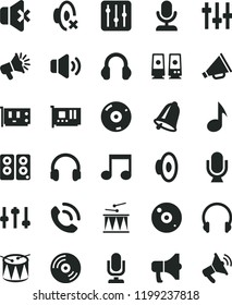 solid black flat icon set desktop microphone vector, horn, loudspeaker, silent mode, drumroll, drum, bell, headphones, CD, regulator, volume, no sound, phone call, megaphone, pc card, speaker, note