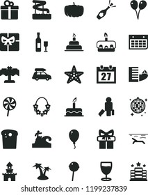 solid black flat icon set daily calendar vector, colored air balloons, balloon, cake, birthday, gift, Easter, torte, Chupa Chups, lollipop, glass, pumpkin, wall, giftbox, sand castle, wine, hotel