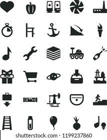 solid black flat icon set heart symbol vector, stopwatch, a chair for feeding, balloon, stepladder, sink, building level, anchor, pile, put in box, beet, Bell pepper, sea port, working oil derrick