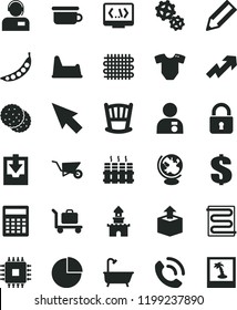 solid black flat icon set growth up vector, dollar, calculator, pie chart, download archive data, cradle, t short, children's potty, chair, building trolley, bath, heating coil, radiator, lock, peas