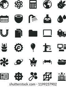 solid black flat icon set sign of the planet vector, clean paper, folder, calculator, baby rattle, balloon, shower, star gear, book, put in a box, cart, delivery, lettuce plate, mint, half coconut