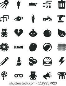 solid black flat icon set lightning vector, graphite pencil, toys over the cradle, cot, baby bath ball, teddy bear, small, funny hairdo, drill, plastic brush, building level, dust bin, broken heart