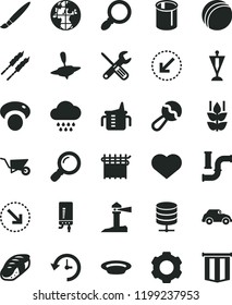 solid black flat icon set heart symbol vector, tassel, measuring cup for feeding, beanbag, bath ball, cloud, small yule, building trolley, tools, electronic boiler, left bottom arrow, right, plate