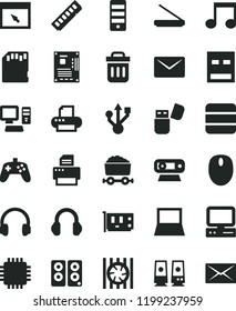 solid black flat icon set trolley with coal vector, computer, notebook pc, radiator fan, mouse, tower, motherboard, cpu, memory, card, web camera, usb, printer, scanner, flash, headphones, speaker