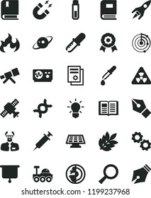 solid black flat icon set vector e, book, scientific publication, test tube, telescope, nuclear, zoom, dna, bulb, gears, satellite, pipette, oscilloscope, magnet, flame, scientist, radar, earth core