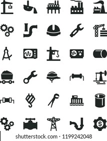 solid black flat icon set tower crane vector, hook, adjustable wrench, sewerage, construction helmet, working oil derrick, valve, water pipes, factory, hydroelectric station, power pole, enterprise