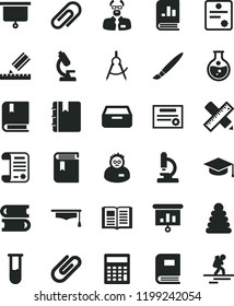 solid black flat icon set tassel vector, clip, calculator, book, stacking rings, e, books, writing accessories, drawing, notebook, drawer, square academic hat, round flask, scribed compasses, board