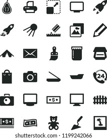 solid black flat icon set monitor vector, camera, envelope, bath, teddy bear, building trowel, plastic brush, drawing, fence, picture, 24, artificial satellite, expand, jam, part of guava, pencil