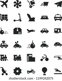 solid black flat icon set truck lorry vector, cargo trolley, paper airplane, car child seat, summer stroller, motor vehicle, present, baby toy train, tricycle, Kick scooter, big core, cardboard box