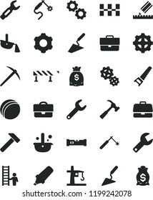 solid black flat icon set repair key vector, briefcase, bath ball, cogwheel, trowel, building, hand saw, construction level, drawing, ceramic tiles, road fence, hammer, with claw, gear, gears, gas