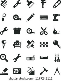 solid black flat icon set scissors vector, graphite pencil, zoom, safety pin, iron fork spoons, concrete mixer, cordless drill, measuring tape, long meashuring, construction level, drawing, plummet