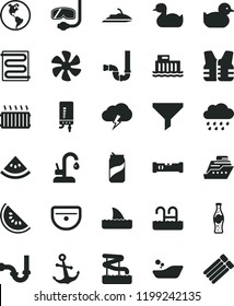 solid black flat icon set rubber duck vector, baby duckling, children's bathroom, rainy cloud, sink, siphon, sewerage, construction level, heating coil, kitchen faucet, electronic boiler, anchor