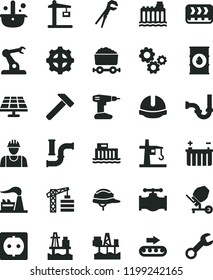 solid black flat icon set tower crane vector, builder, concrete mixer, adjustable wrench, drill, sewerage, construction helmet, hammer, sea port, commercial seaport, solar panel, valve, water pipes