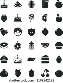 solid black flat icon set cake vector, muffin, piece of, slice, torte, with a hole, glazed, lollipop, jam, apple, cherry, pomegranate, branch grape, tasty, strawberry, fig, medlar, raspberry, melon