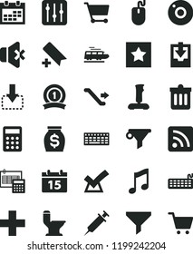 solid black flat icon set camera vector, calendar, add bookmark, plus, rss feed, download archive data, comfortable toilet, calculation, dust bin, music, regulator, no sound, move down, cart, filter