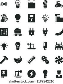 solid black flat icon set matte light bulb vector, saving, dangers, hammer, regulator, banana, bananas, marine propeller, oil derrick, working, modern gas station, accumulator, plug, electric, gears