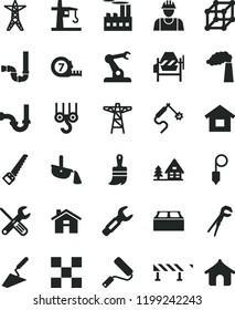 solid black flat icon set house vector, dwelling, builder, winch hook, trowel, concrete mixer, small tools, adjustable wrench, arm saw, long meashuring tape, new roller, wooden paint brush, siphon