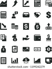 solid black flat icon set purse vector, dollar, calculator, line chart, growth, negative, new abacus, calculation, drawer, front of the bank card, coins, statistical report, financial item, money