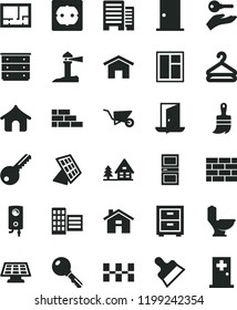 solid black flat icon set house vector, bedside table, chest of drawers, brickwork, brick wall, building trolley, window, wooden paint brush, toilet, lay out flat, power socket type f, key, boiler