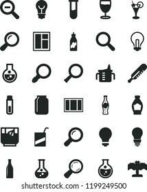 solid black flat icon set matte light bulb vector, incandescent lamp, magnifier, zoom out, measuring cup for feeding, mercury thermometer, e, window, frame, a glass of tea, bottle soda, liquor, jar