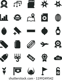 solid black flat icon set add bookmark vector, minus, remove label, pennant, negative histogram, toys over the cot, winch hook, Hot Dog, bottle, medlar, melon, tamarillo, physalis, radish, CO2, jar