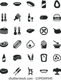 solid black flat icon set plates and spoons vector, a chair for feeding child, plastic fork, iron, sausage, stick of, cheese, fried vegetables on sticks, Hot Dog, mini, burger, spaghetti, pie, plate