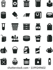 solid black flat icon set wicker pot vector, bin, storage unit, mug for feeding, measuring cup, baby powder, e, packing of juice with a straw, bucket, dust, drawer, bag handles, package, unpacking